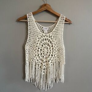 WoWo Womens Boho Crochet Tank Top Size L Fringe Hippie Granola Festival Y2K